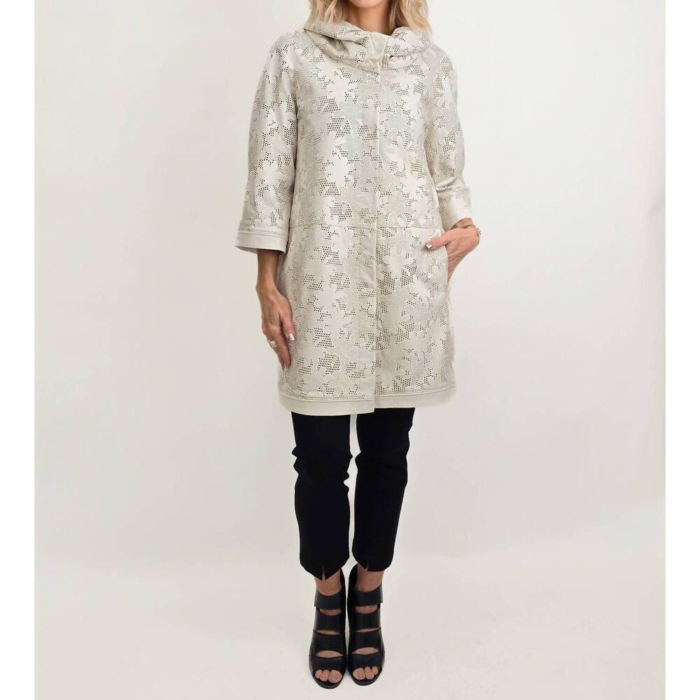 NEW BLU ICE perforated leather puffed collar jacket in ivory